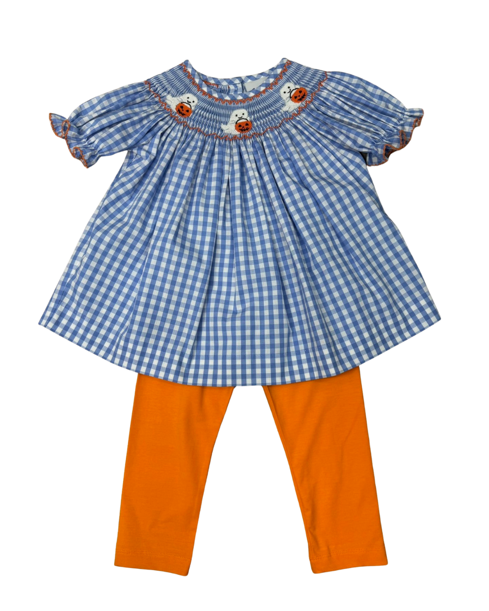 Delaney Blue Gingham Check Smocked Ghost Pumpkin Short Sleeve Bishop Pant Set