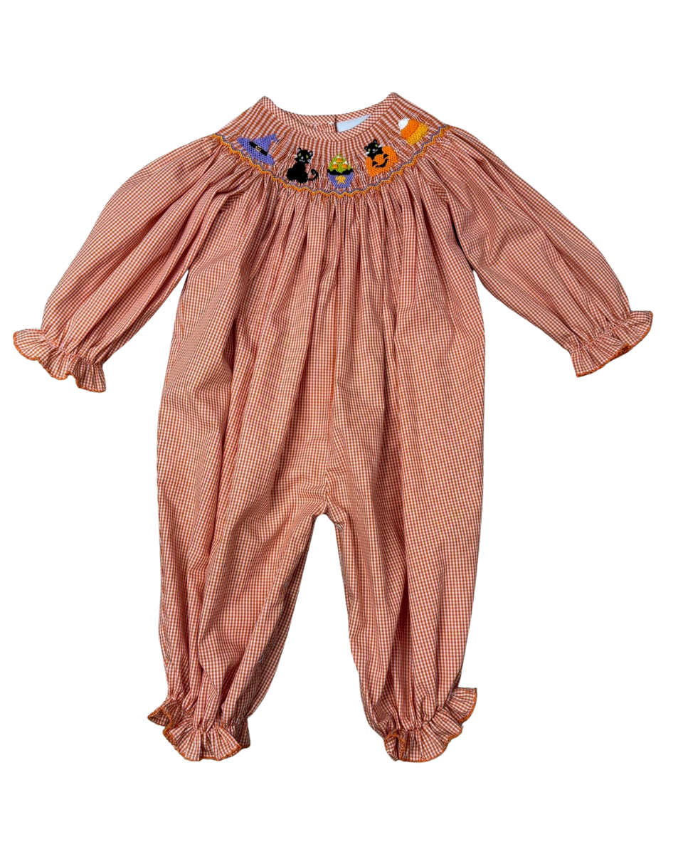 Delaney Orange Check Romper Smocked Pumpkin, Cats and Hats