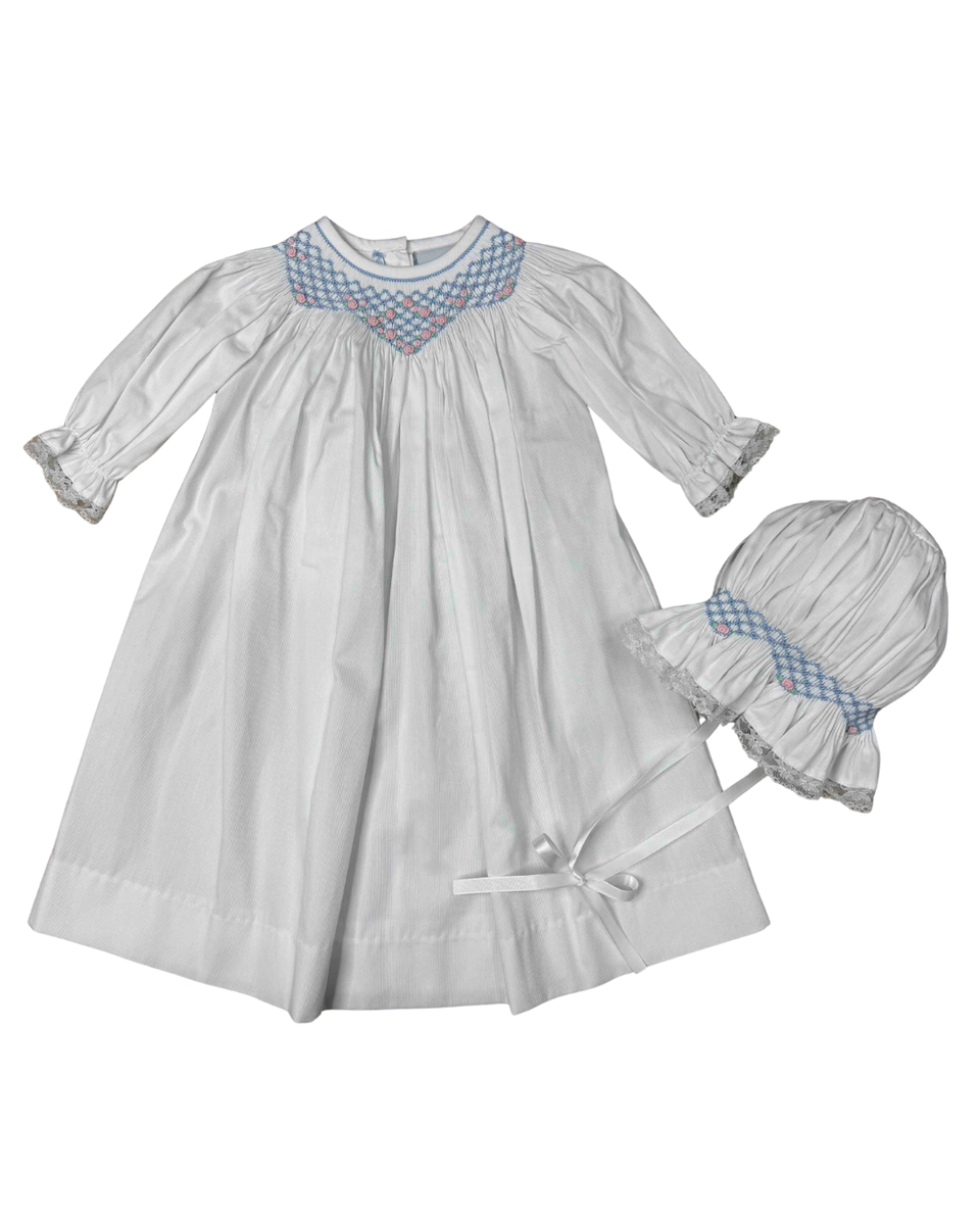 Delaney Girls Long Sleeved White Smocked Flower Diamond Dress and Bonnet