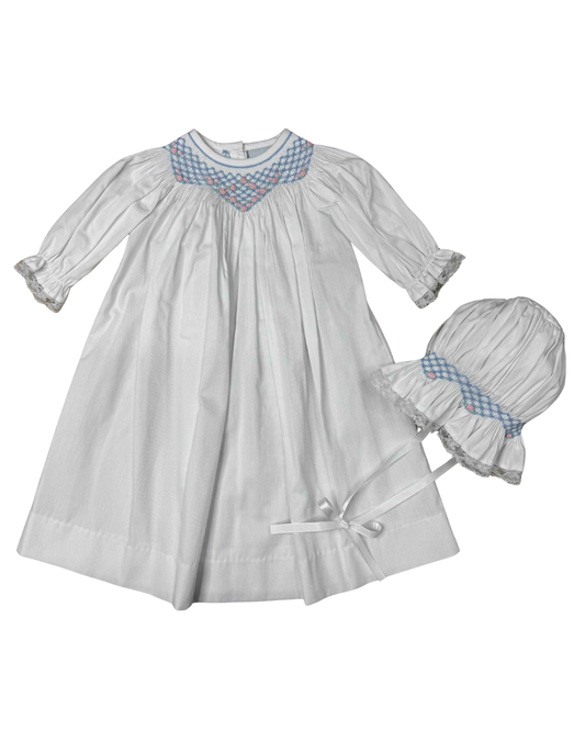Delaney Girls Long Sleeved White Smocked Flower Diamond Dress and Bonnet