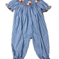 Delaney Girls Blue Gingham Smocked Ghost Pumpkin Bishop Romper