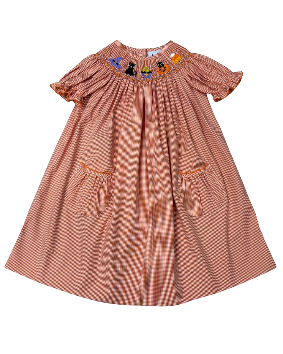 Delaney Orange Check Short Sleeve Smocked Halloween Cats and Hats Bishop