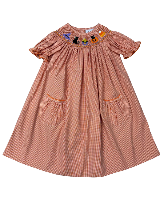 Delaney Orange Check Short Sleeve Smocked Halloween Cats and Hats Bishop