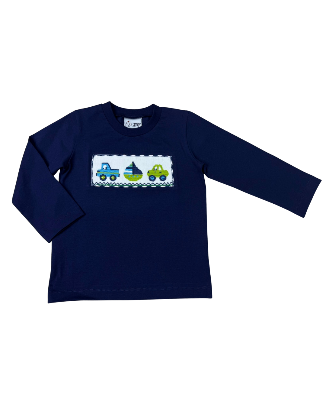Delaney Boys Navy Long Sleeve Smocked Truck, Boat and Car Shirt