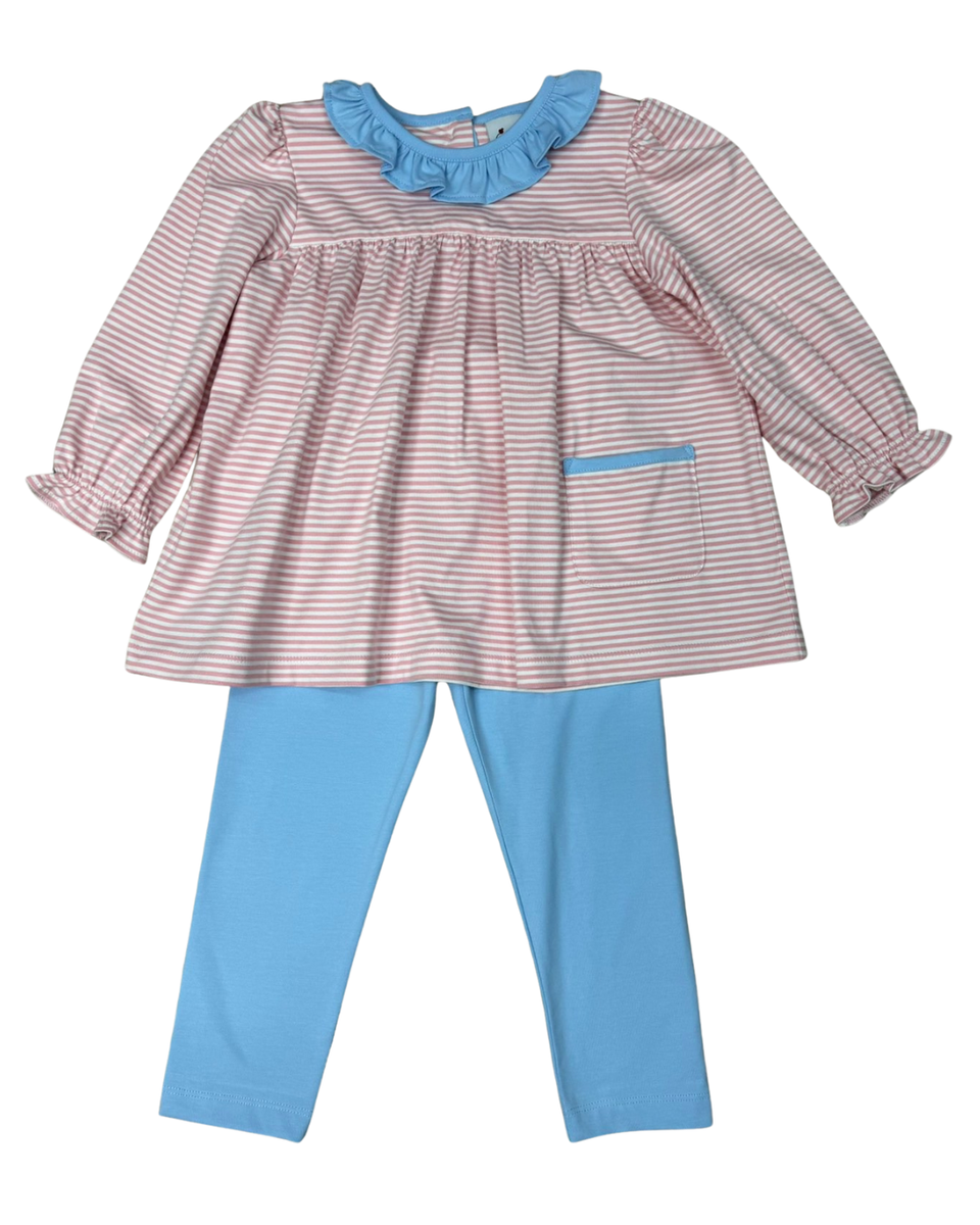 Delaney Pink Stripe Knit Long Sleeve Ruffle Collar Blue Legging Set
