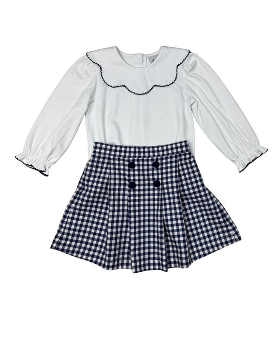 Delaney Navy Check Pleated Skirt with White Scallop Top