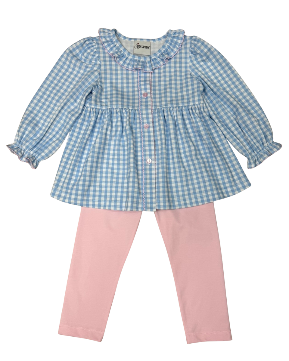 Delaney Blue Check Knit Long Sleeve Top Pink Accents and Leggings