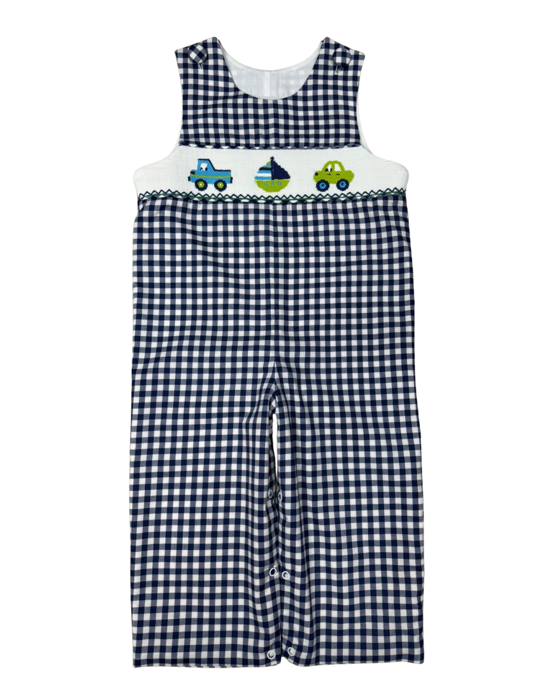 Delaney Boys Navy White Check Long Jon Jon Smocked Boat and Cars