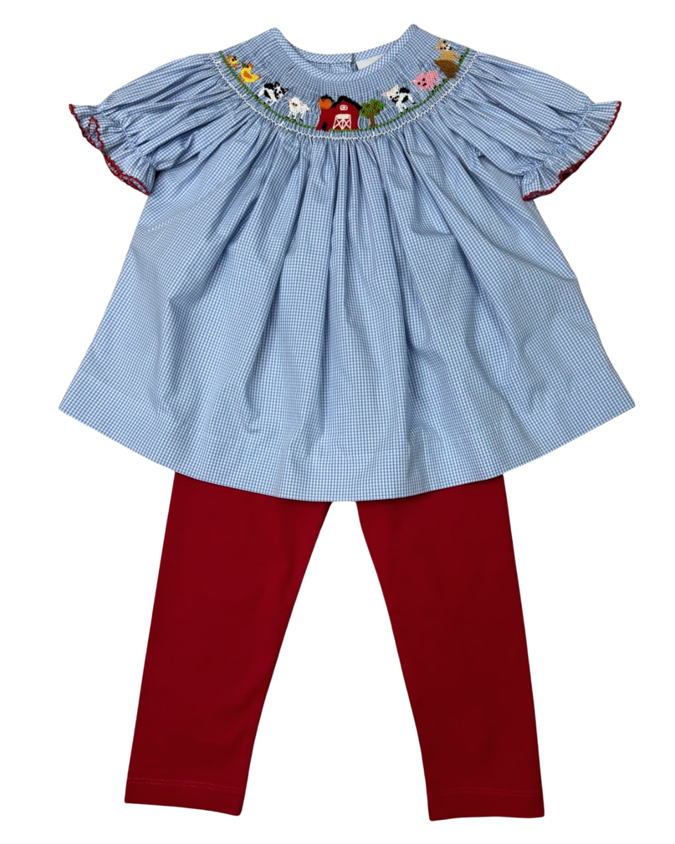 Delaney Light Blue Check Smocked Farm Animals Short Sleeve Bishop Set
