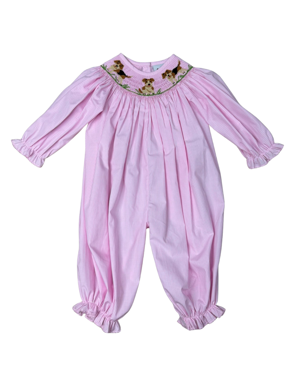 Delaney Smocked Puppy Love Long Sleeve Bishop Romper