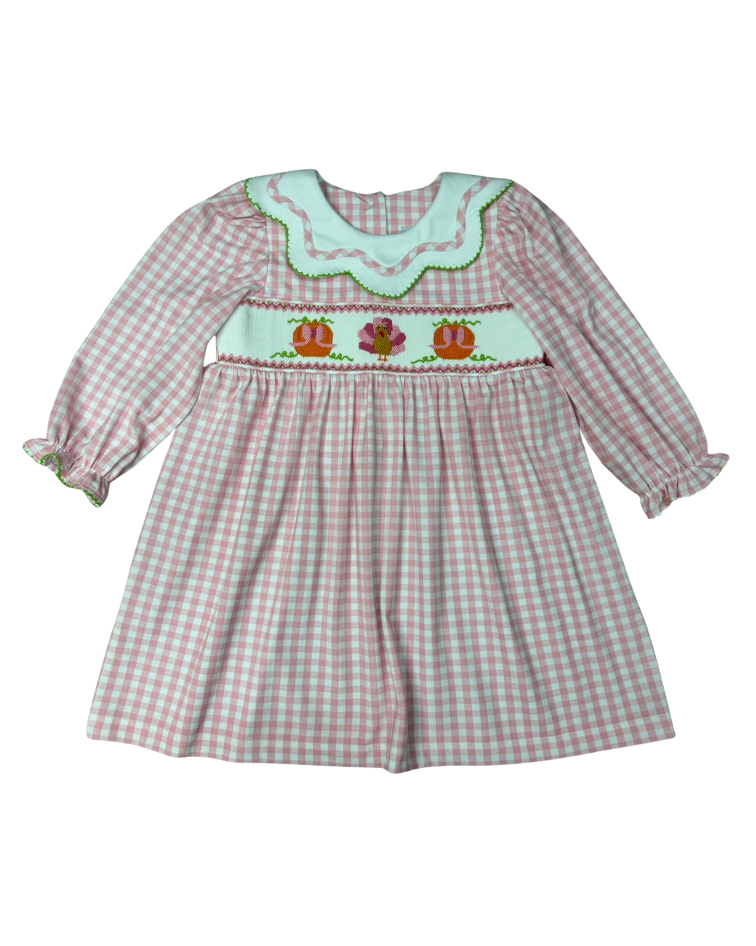 Delaney Pink and White Check Knit Long Sleeve Smocked Turkey Dress