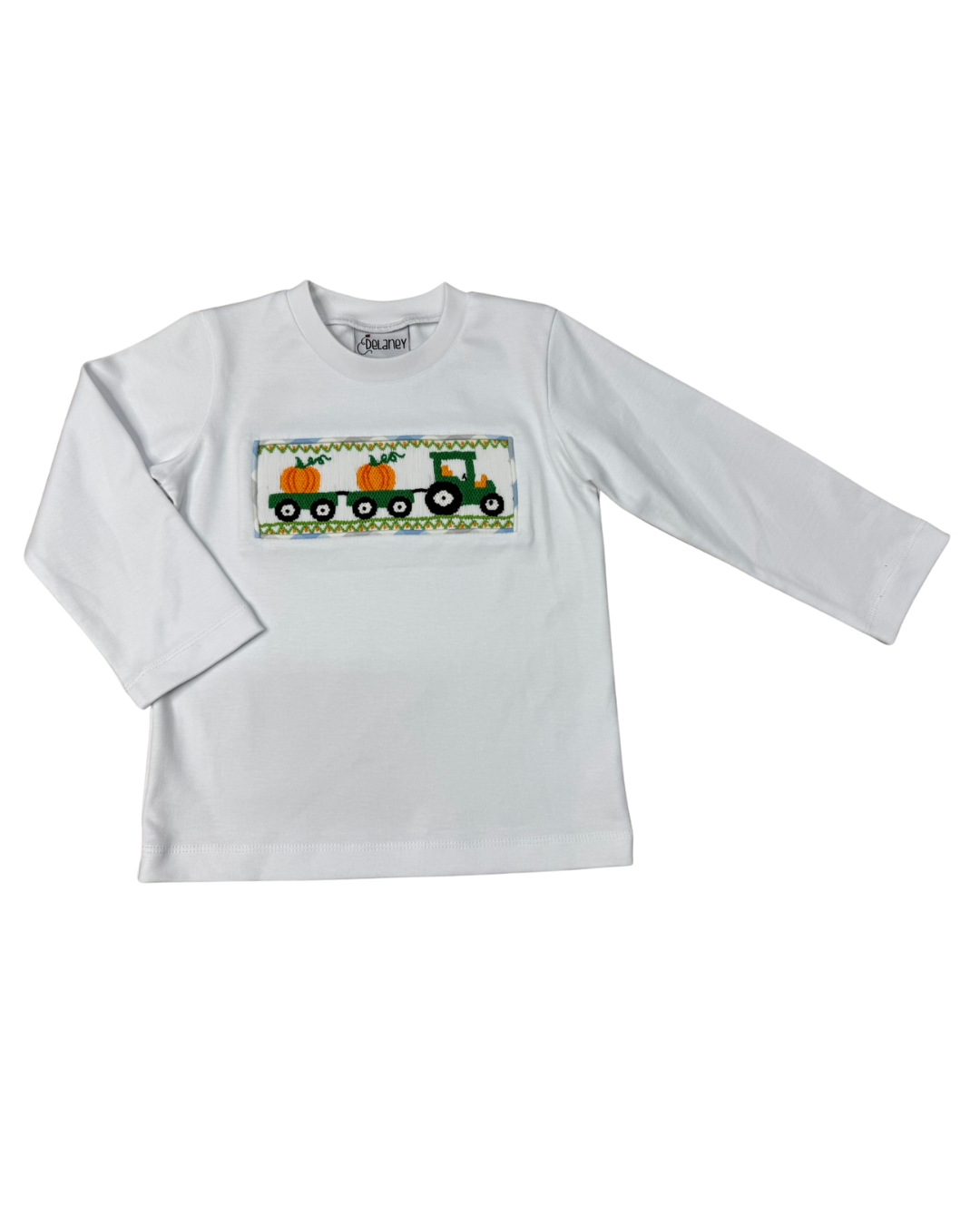 Delaney Boys White Knit Long Sleeve Smocked Tractor and Pumpkin Shirt