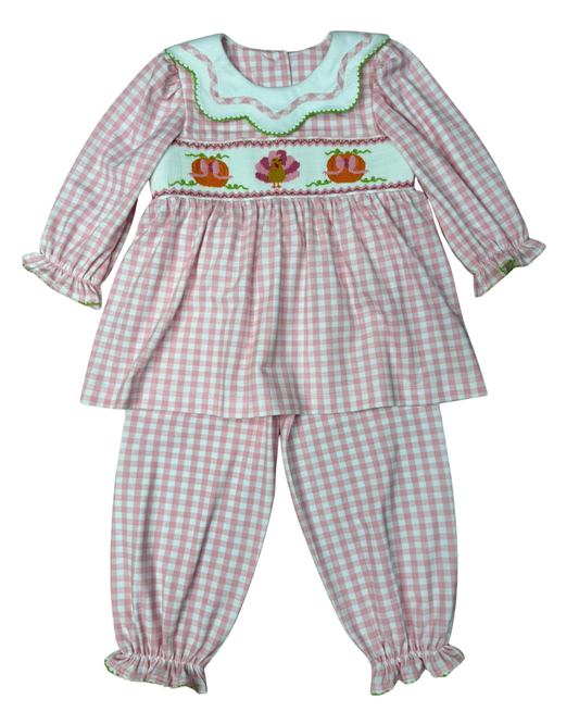 Delaney Pink and White Check Knit Long Sleeve Turkey Smocked Bubble Pant Set