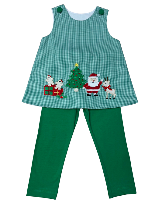 Delaney Green Check A-Line Applique Santa Tree and Reindeer Pant Set