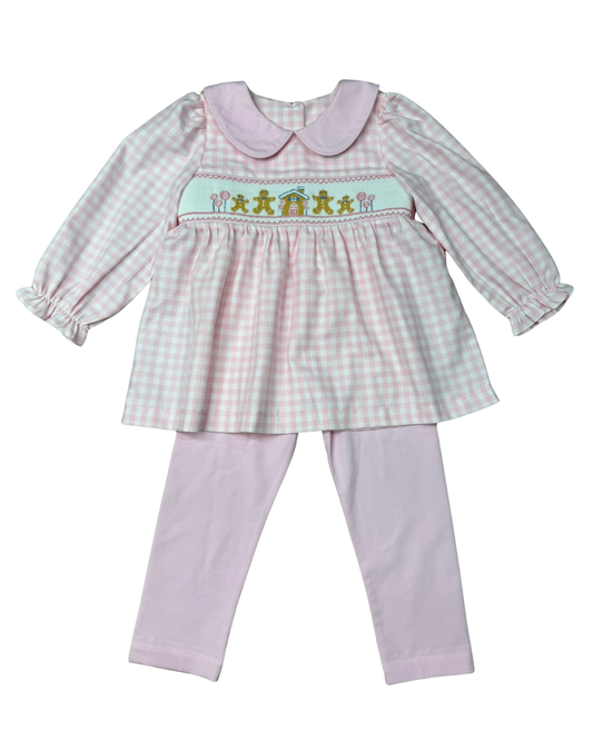 Delaney Pink and White Checked Smocked Gingerbread House Knit Pant Set
