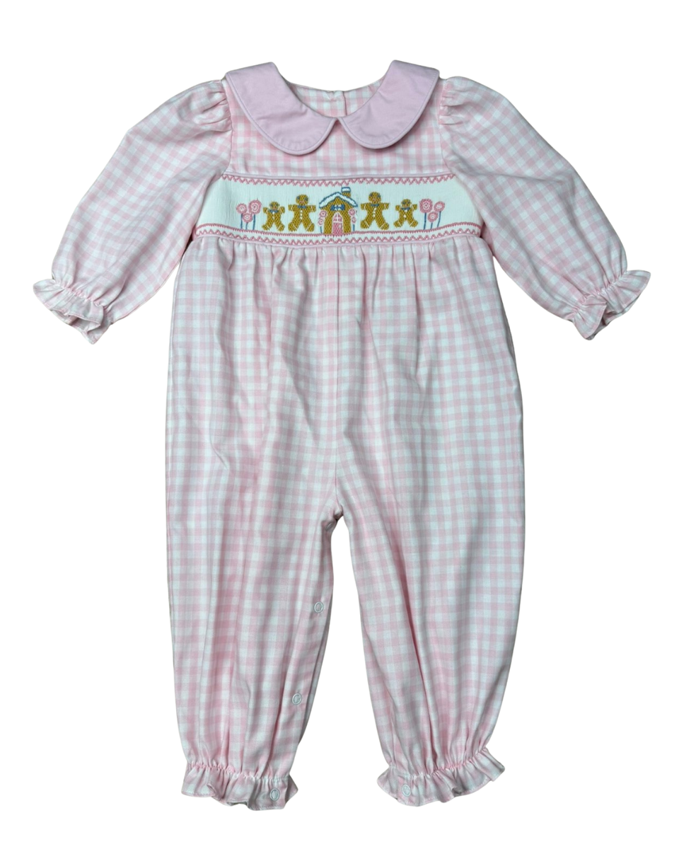 Delaney Pink White Checked Smocked Gingerbread House Long Romper