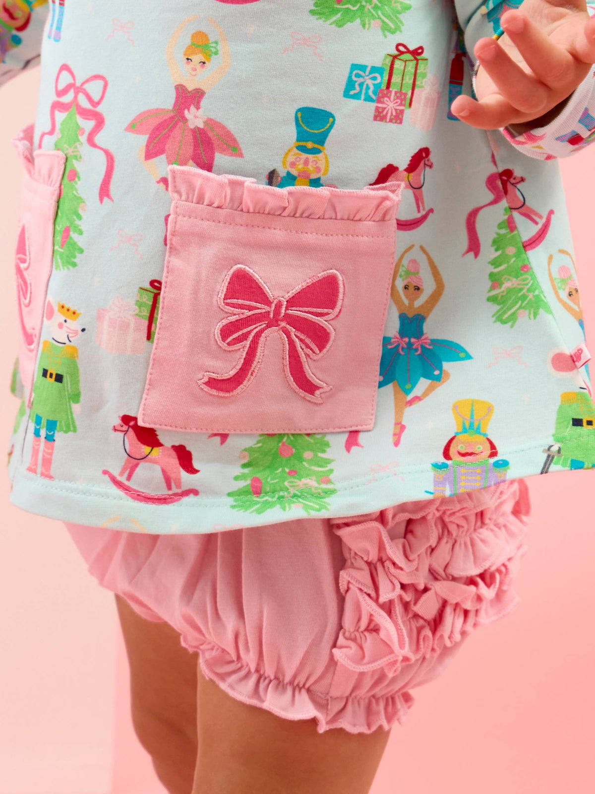 Rufflebutts Nutcracker Christmas Wishes Knit Long Sleeve Applique Pocket Swing Top & Ruffle Bloomer Set