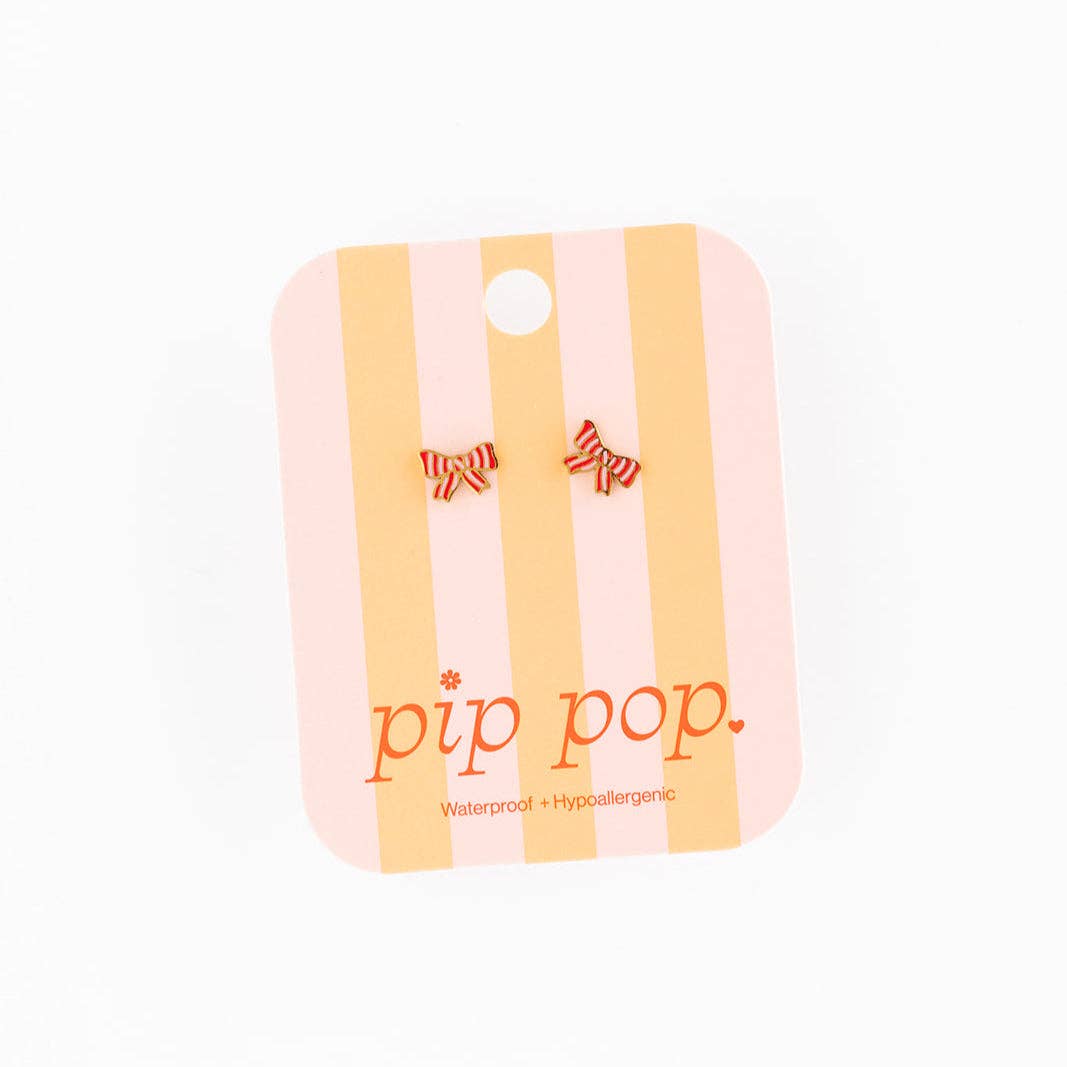 Pip Pop Post Striped Bow Stud Earrings - Hypoallergenic, Flat Back, Girl