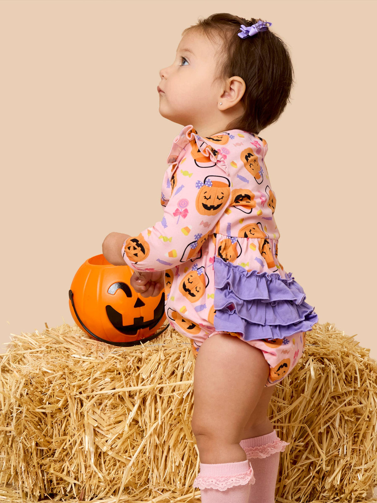 Rufflebutts Pumpkin Boo Crew Knit Long Sleeve Flutter Bubble Romper