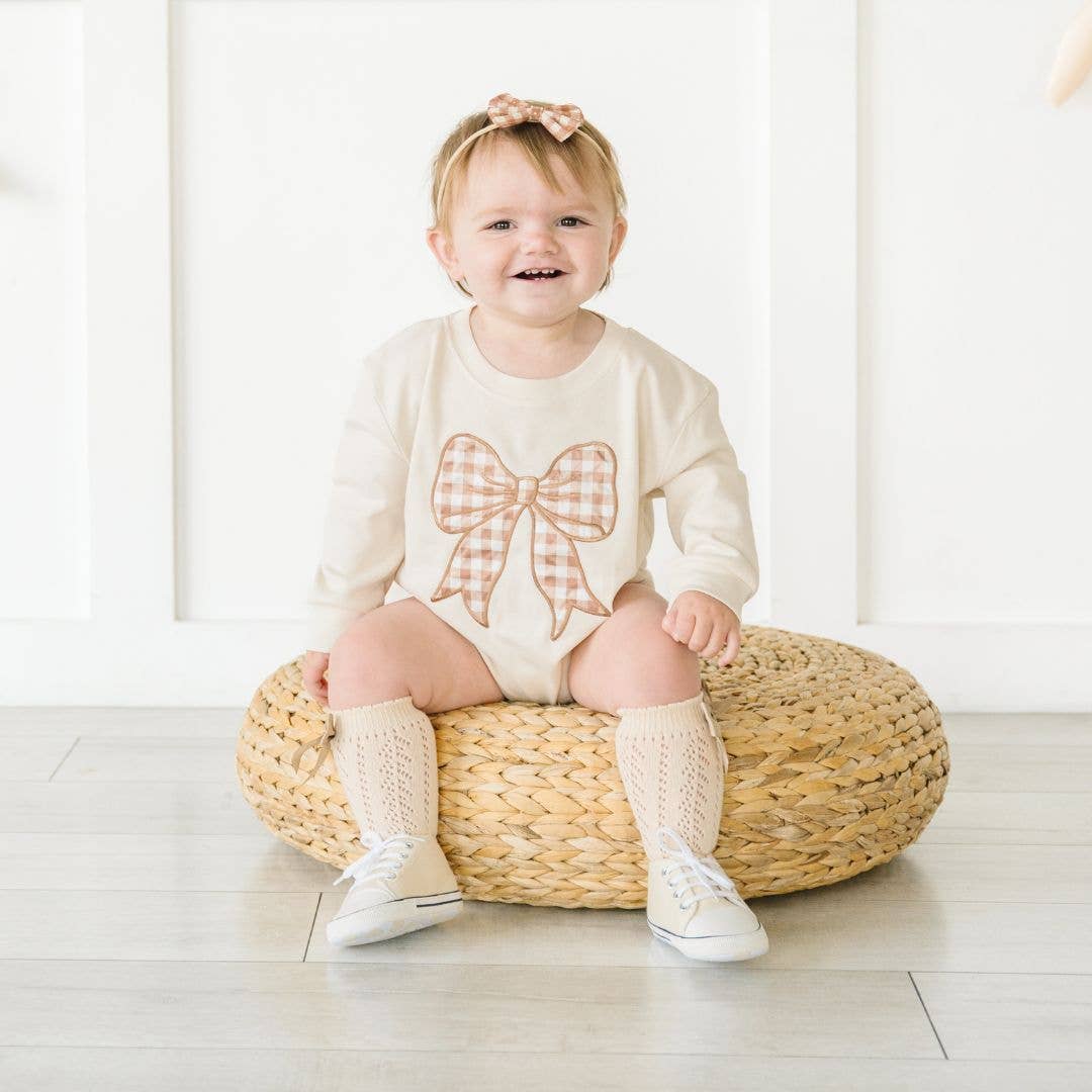 Sweet Wink Gingham Bow Patch Long Sleeve Romper - Baby Clothing - Fall