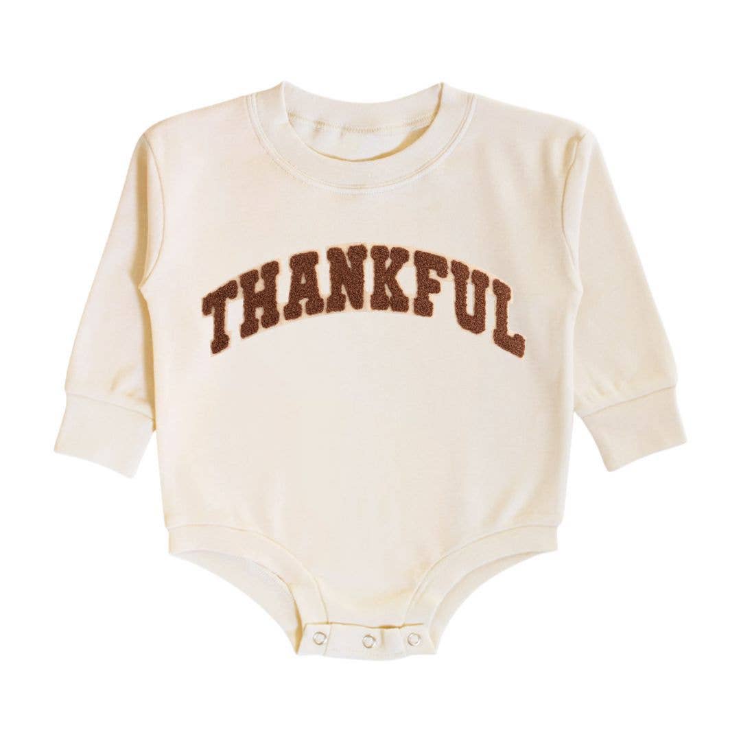 Sweet Wink Thankful Patch Varsity Thanksgiving Long Sleeve Romper Baby