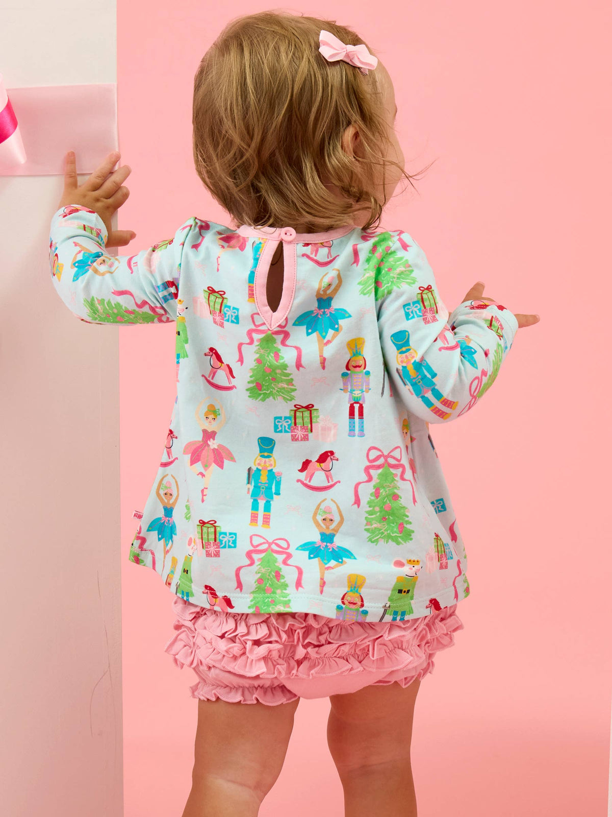 Rufflebutts Nutcracker Christmas Wishes Knit Long Sleeve Applique Pocket Swing Top & Ruffle Bloomer Set