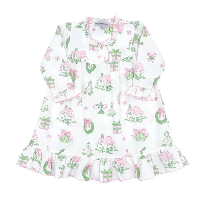 Sweet Dreams Pink and Green Christmas Theme Print Nightgown--Size 24 Months