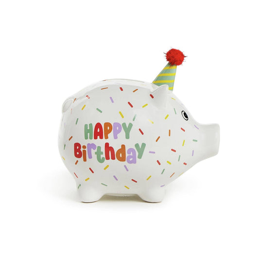 Two's Company Happy Birthday Confetti Piggy Bank with Pom Pom Hat