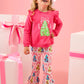 Rufflebutts Christmas Tree Hot Pink Bow Applique Flutter Sweatshirt/Flare Pant Set