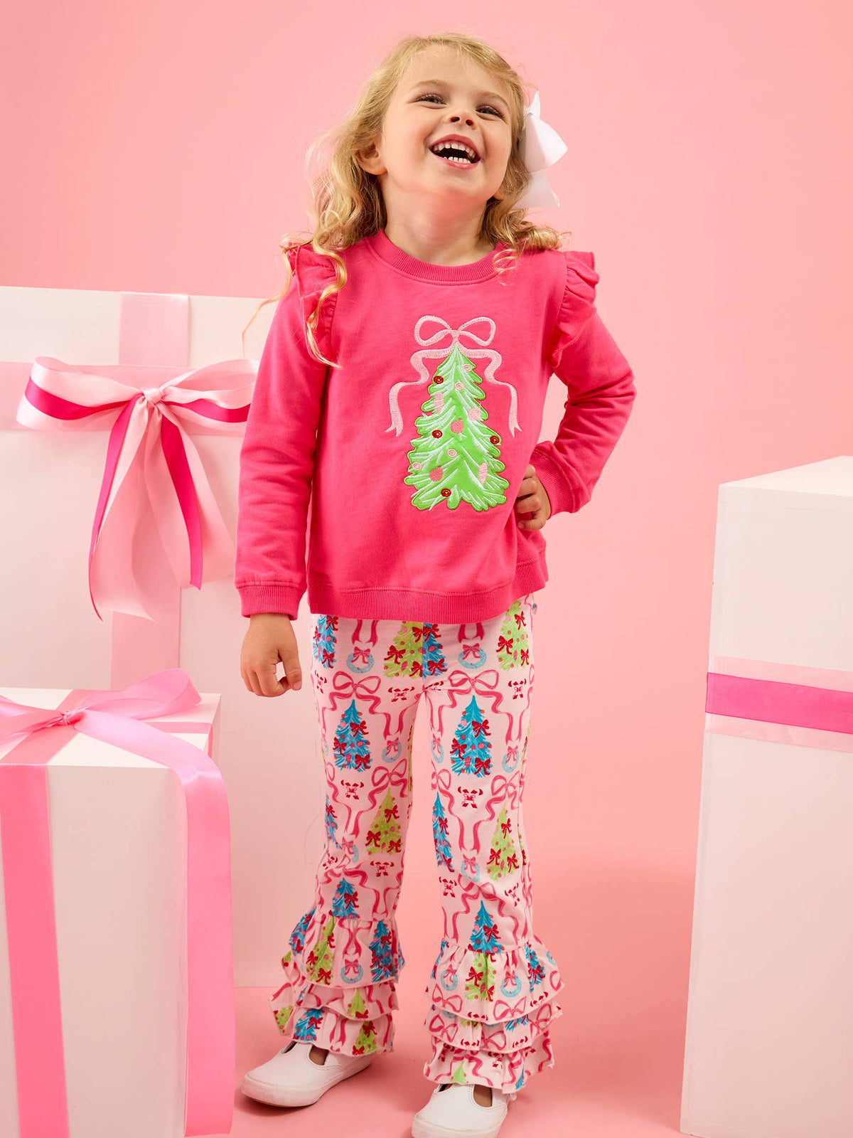 Rufflebutts Christmas Tree Hot Pink Bow Applique Flutter Sweatshirt/Flare Pant Set