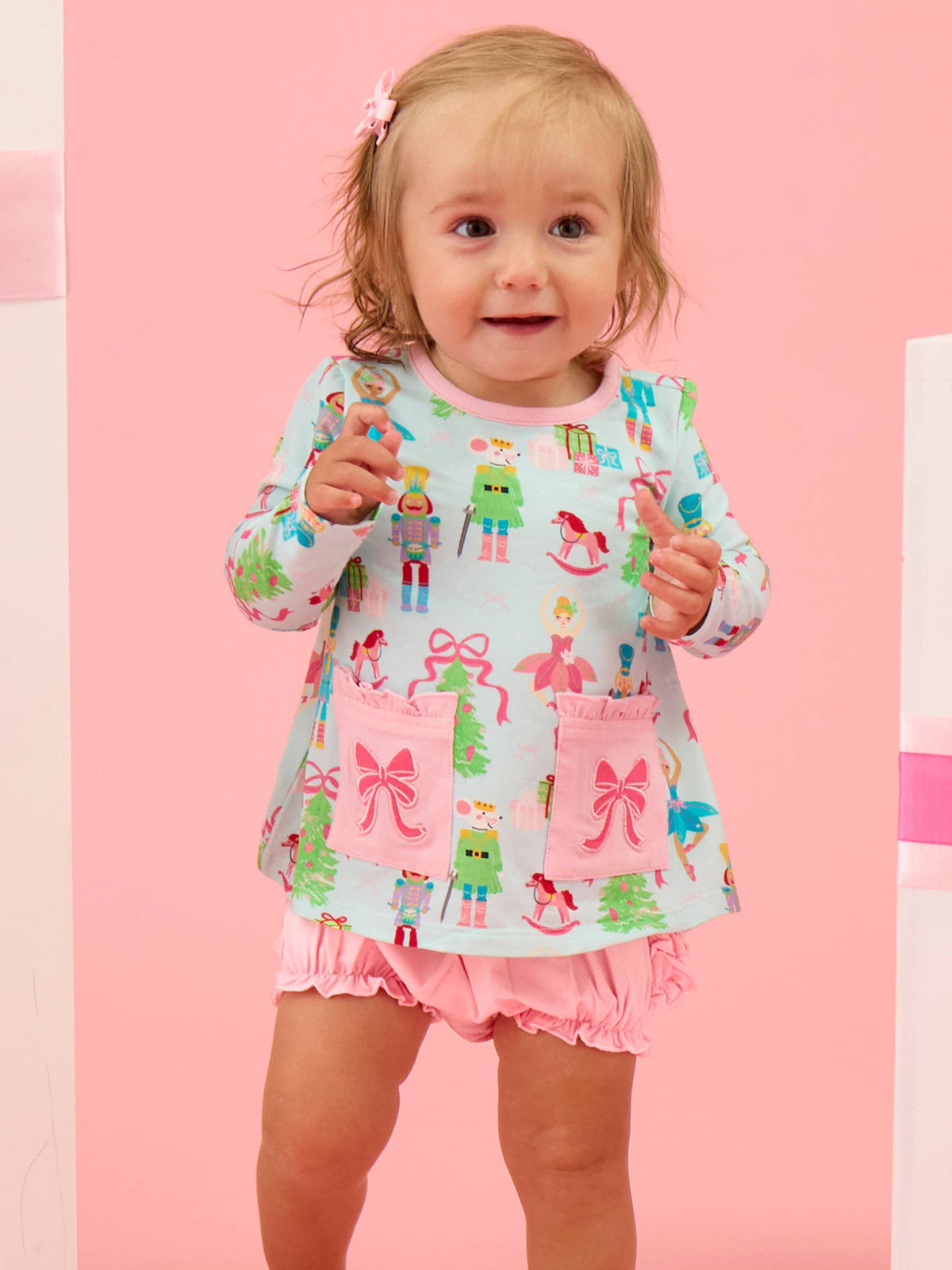 Rufflebutts Nutcracker Christmas Wishes Knit Long Sleeve Applique Pocket Swing Top & Ruffle Bloomer Set