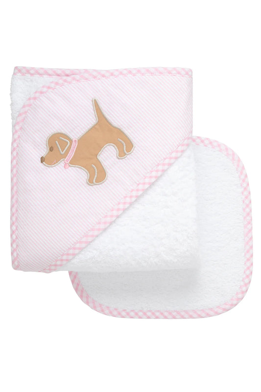 3 Marthas Pink Puppy Applique Hooded Towel and Washcloth Set