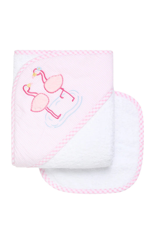 Three Marthas Flamingo Applique Hooded Towel & Washcloth Set