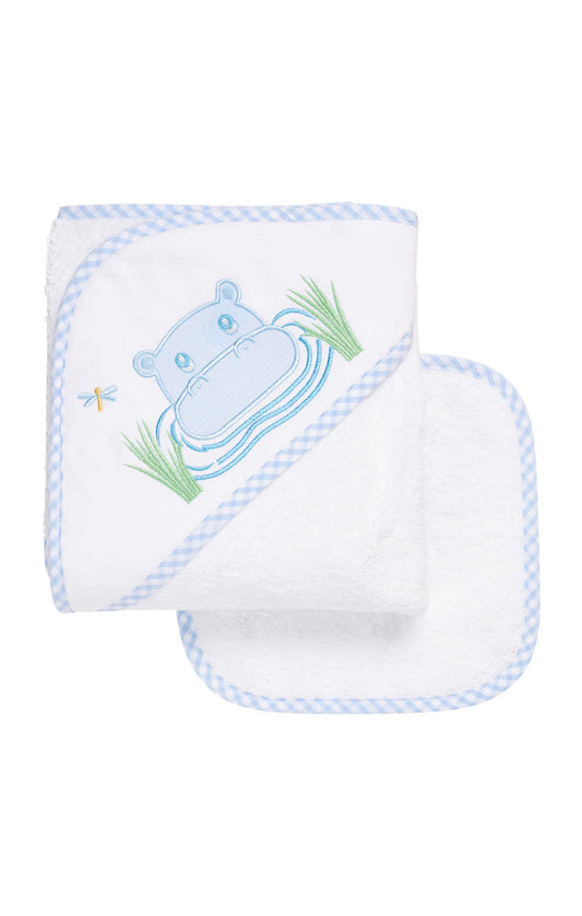 Three Marthas Hippo Applique Hooded Towel & Washcloth Set, Blue