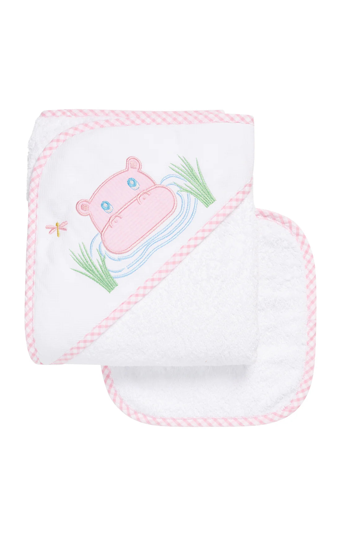 Three Marthas Hippo Applique Hooded Towel & Washcloth Set, Pink