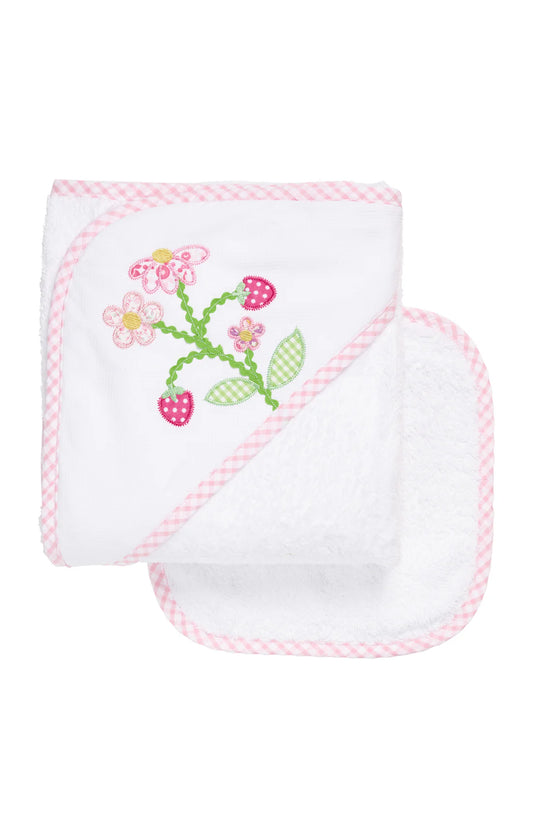 Three Marthas Strawberry Applique Hooded Towel & Washcloth Set