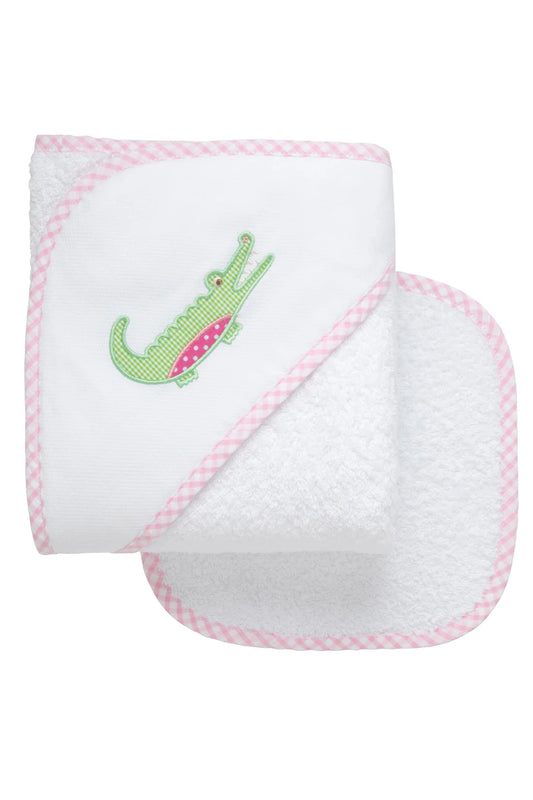 Three Marthas Alligator Applique Hooded Towel & Washcloth Set, Pink