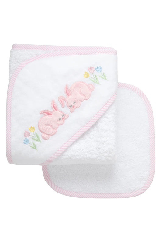 3 Marthas Bunny Applique Hooded Towel & Washcloth Set, Pink
