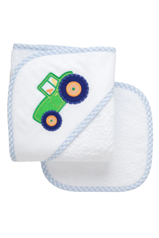 3 Marthas Tractor Applique Hooded Towel and Washcloth Set