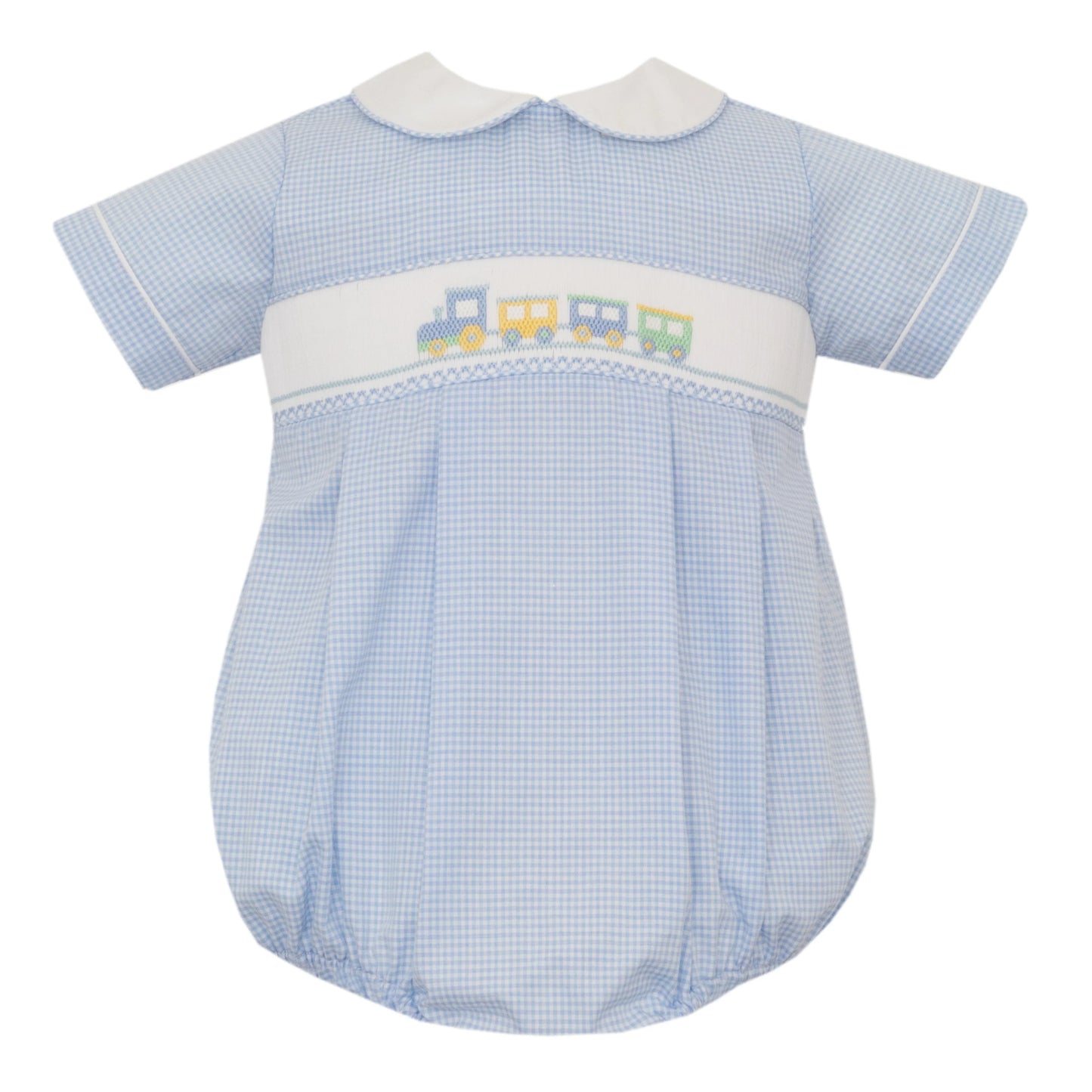 Petit Bebe Train Light Blue Gingham Boy's Bubble