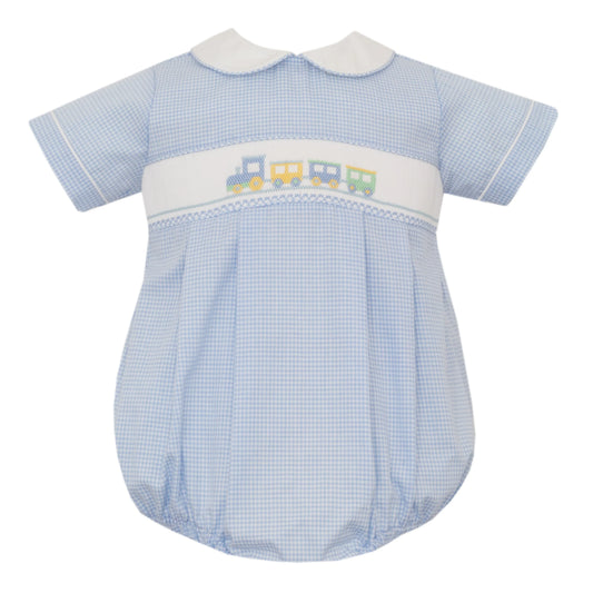 Petit Bebe Train Light Blue Gingham Boy's Bubble