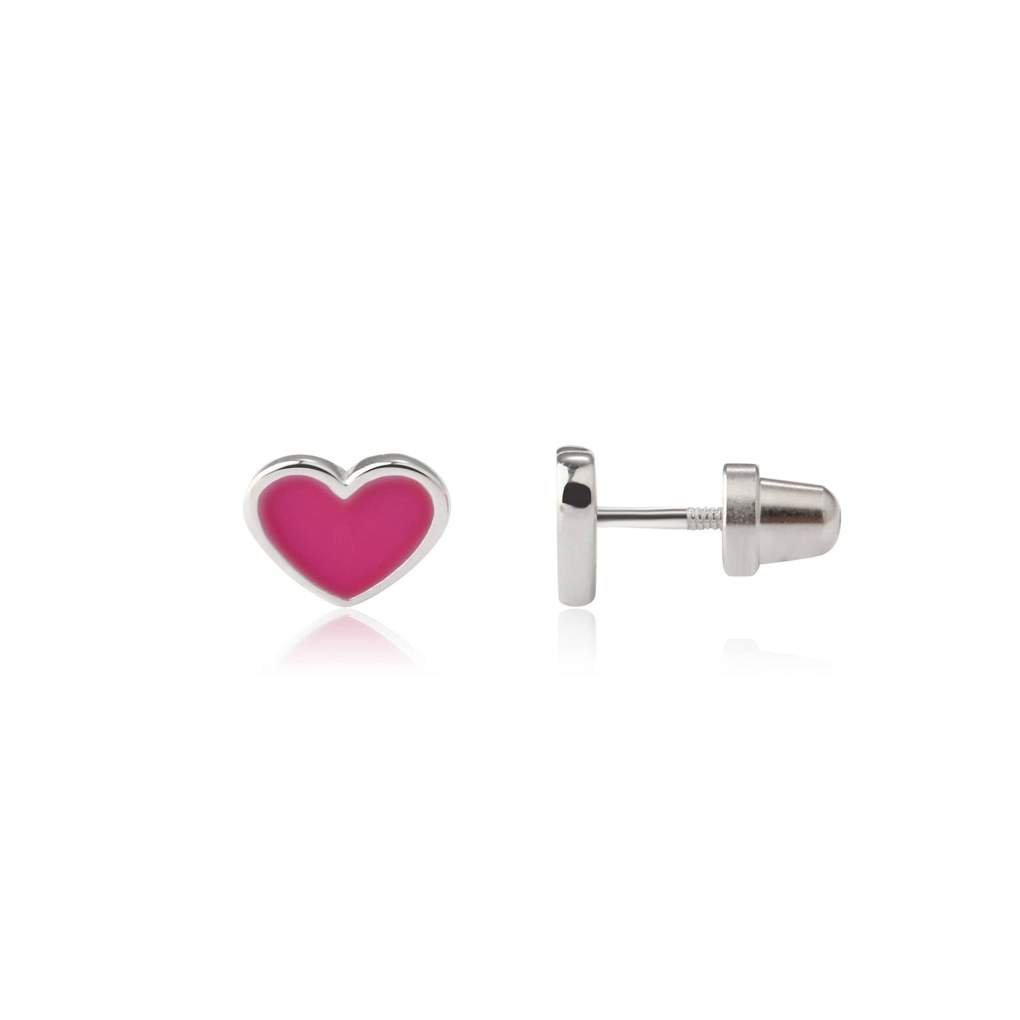 Girls Sterling Silver Fuchsia Heart Earrings, Screw Backs