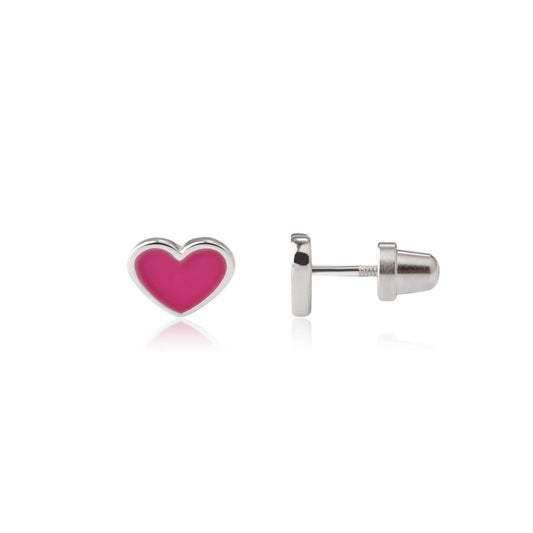 Girls Sterling Silver Fuchsia Heart Earrings, Screw Backs