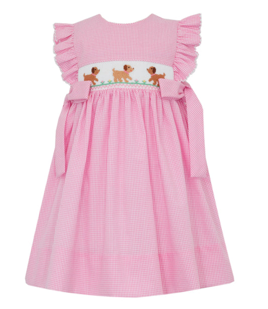 Petit Bebe Puppies Girls Pink Check Dress with Bows