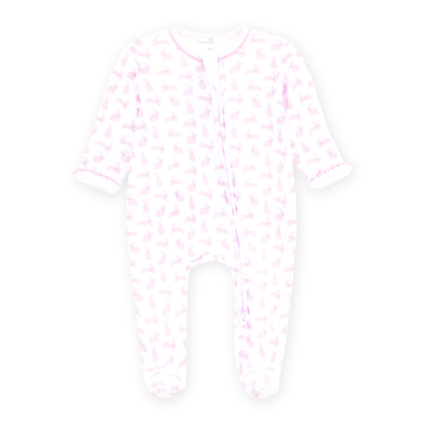 Magnolia Baby Leaping Bunnies Print Ruffle Zip Footie - Pink