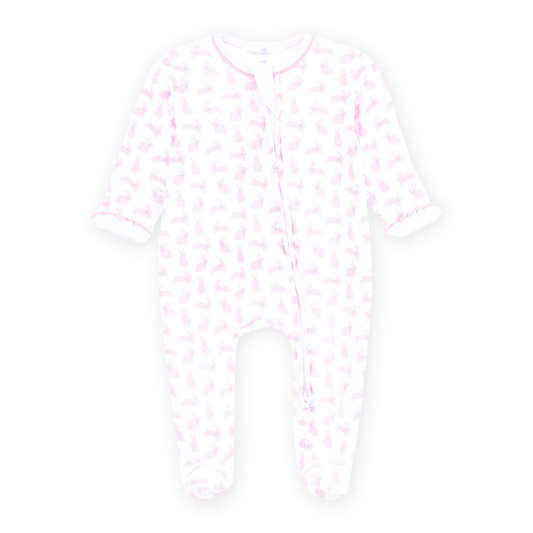 Magnolia Baby Leaping Bunnies Print Ruffle Zip Footie - Pink