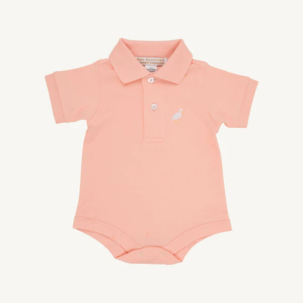 Beaufort Bonnet Prim and Proper Polo Onesie--Pompano Peach