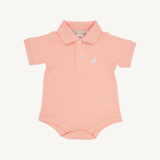 Beaufort Bonnet Prim and Proper Polo Onesie--Pompano Peach