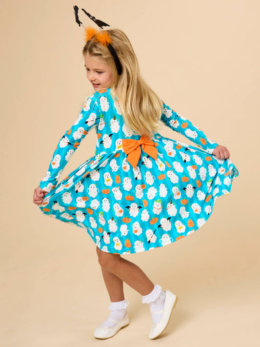 Rufflebutts Halloween Boo Bash Knit Long Sleeve Twirl Dress