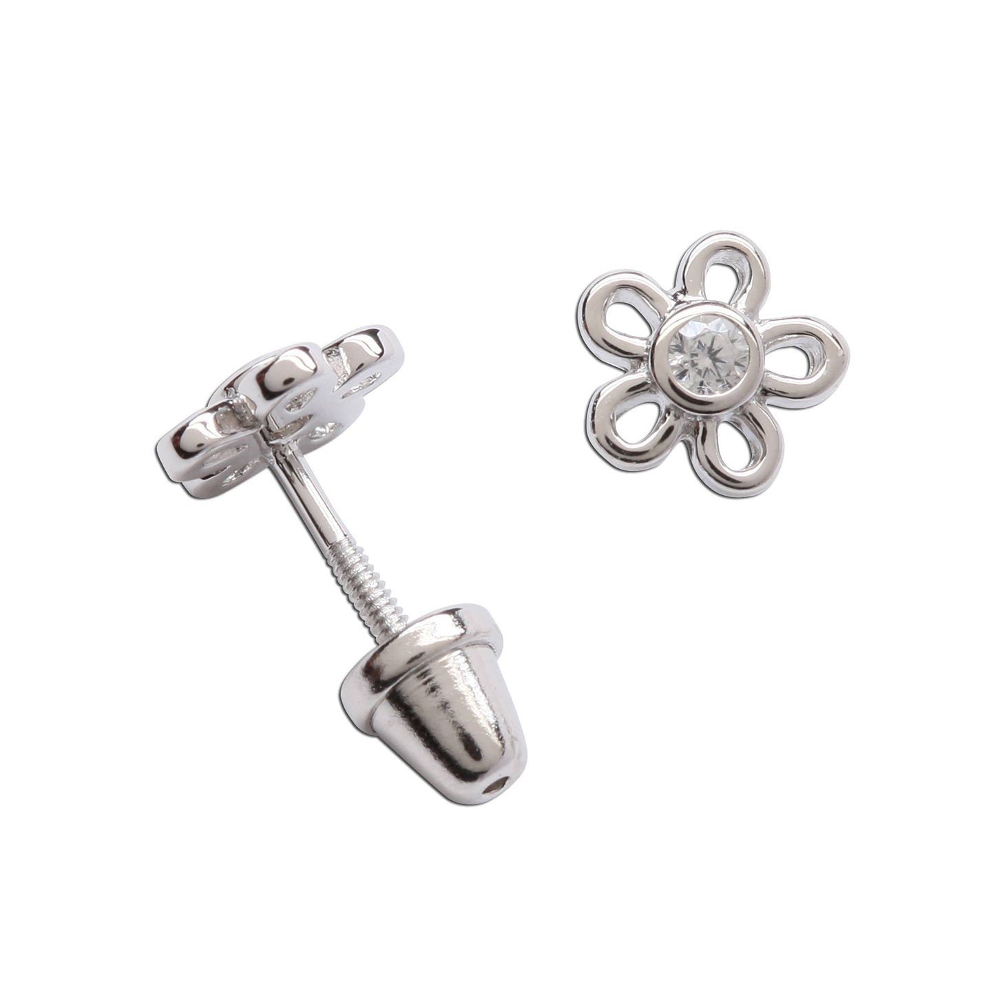 Sterling Silver Kids Screw-Back Outline Daisy Earrings Clear